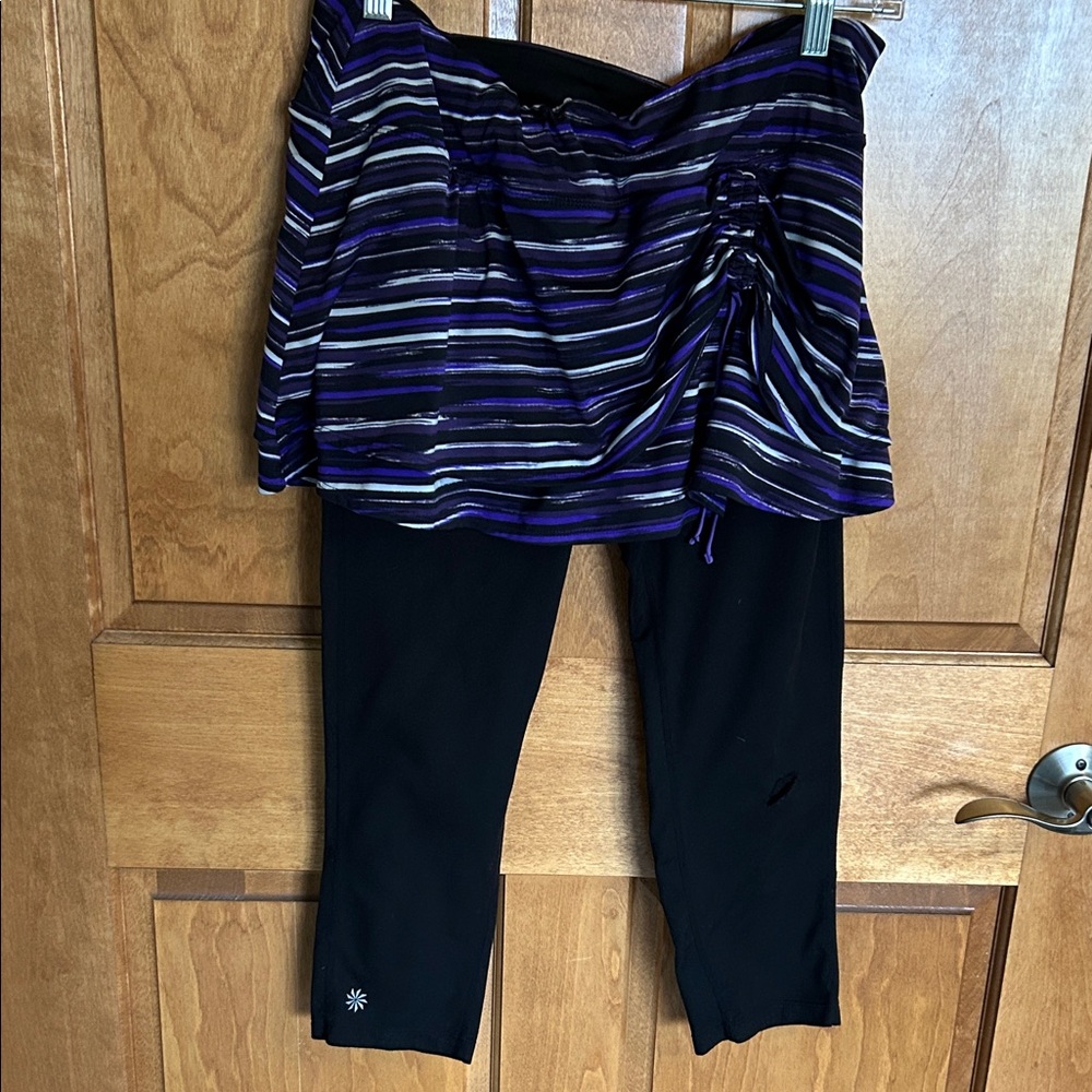Athleta Black and Purple Striped Leggings